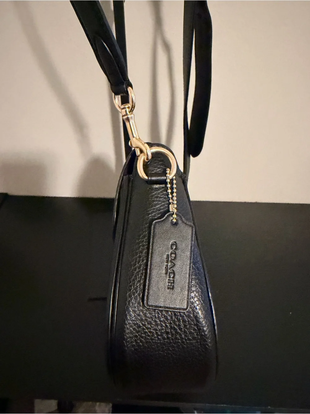 Coach Black Pebbled Leather Brooke Saddle Bag with Gold Coach Emblem